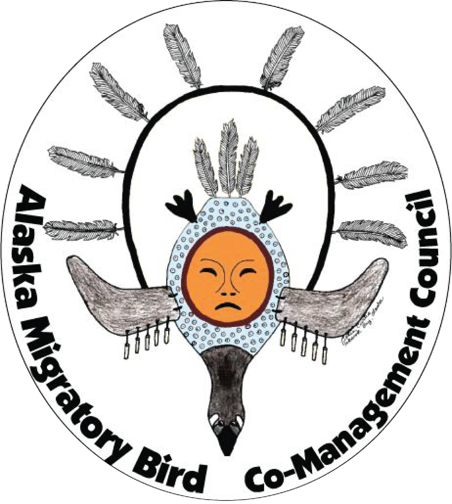 the AMBCC Goose Mask with an orange face and surronded by 8 feathers by Katie Curtis from Toksook Bay