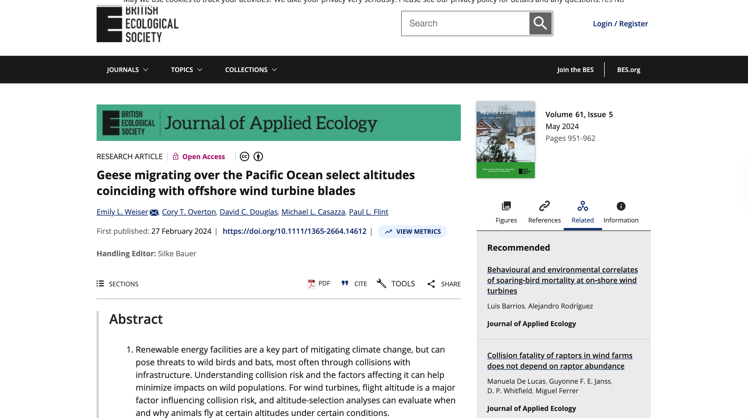 screen shot of Geese Migrating Over the Pacific Ocean Select Altitudes Coinciding with Offshore Wind Turbine Blades article