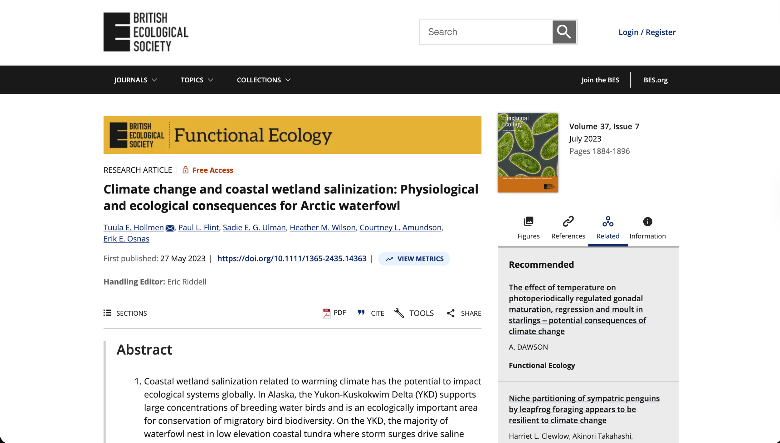 screenshot of Climate Change and Coastal Salinization: Consequences for Waterfowl article