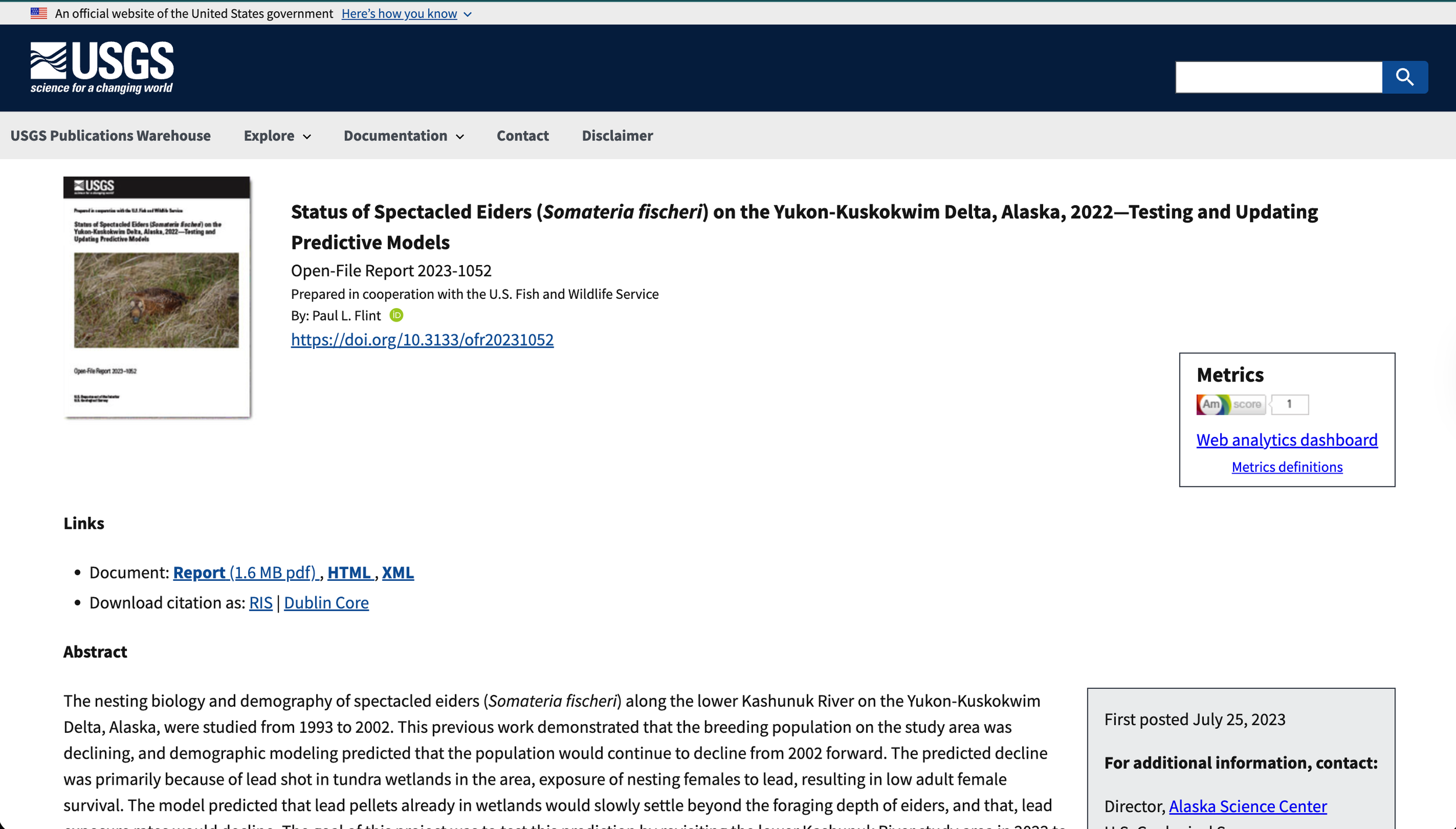 screenshot of Status of Spectacled Eiders on the Yukon-Kuskokwim Delta, Alaska, 2022 article