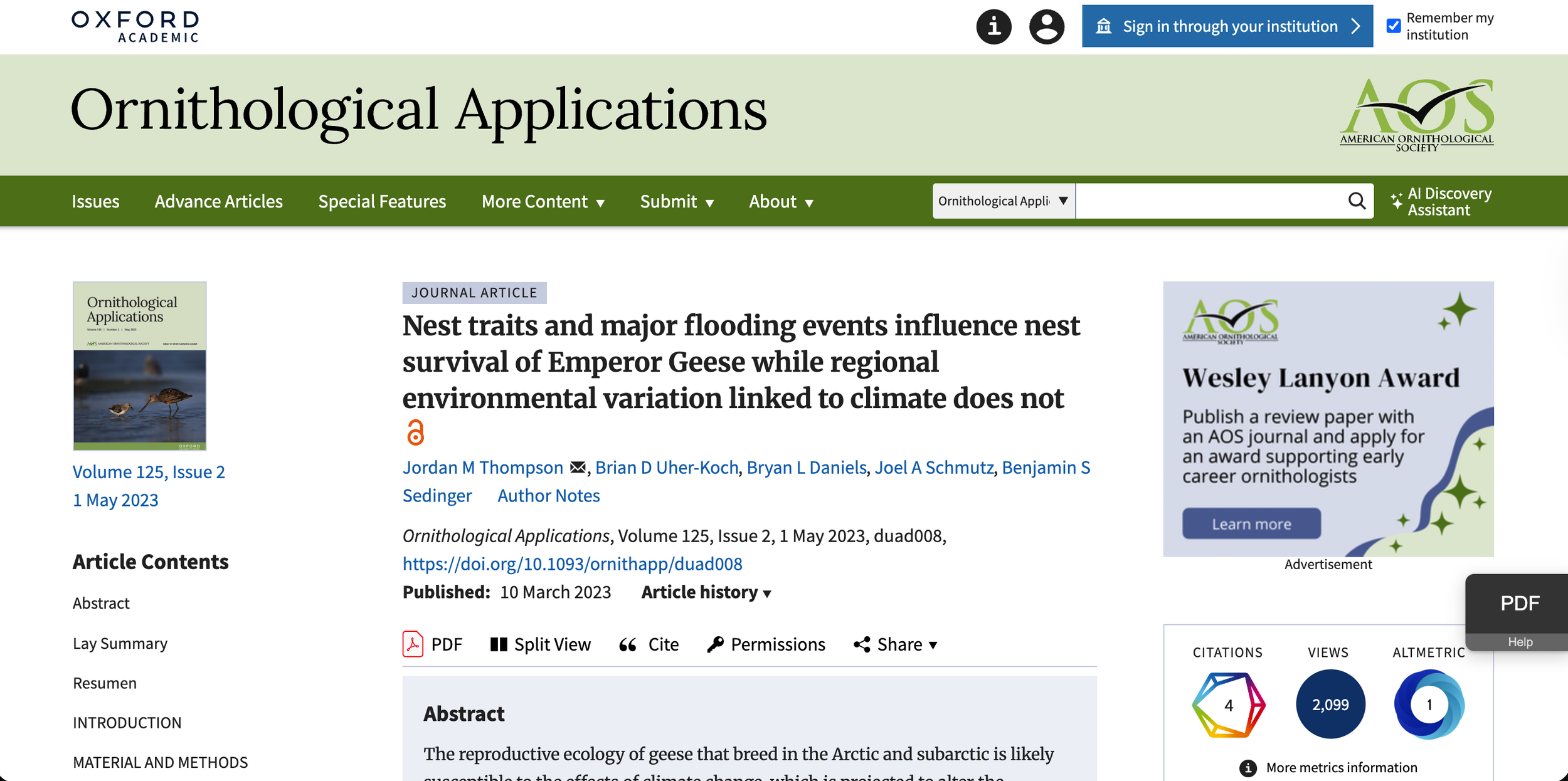 screenshot of Nest Traits and Major Flooding Events Influence Nest Survival of Emperor Geese article