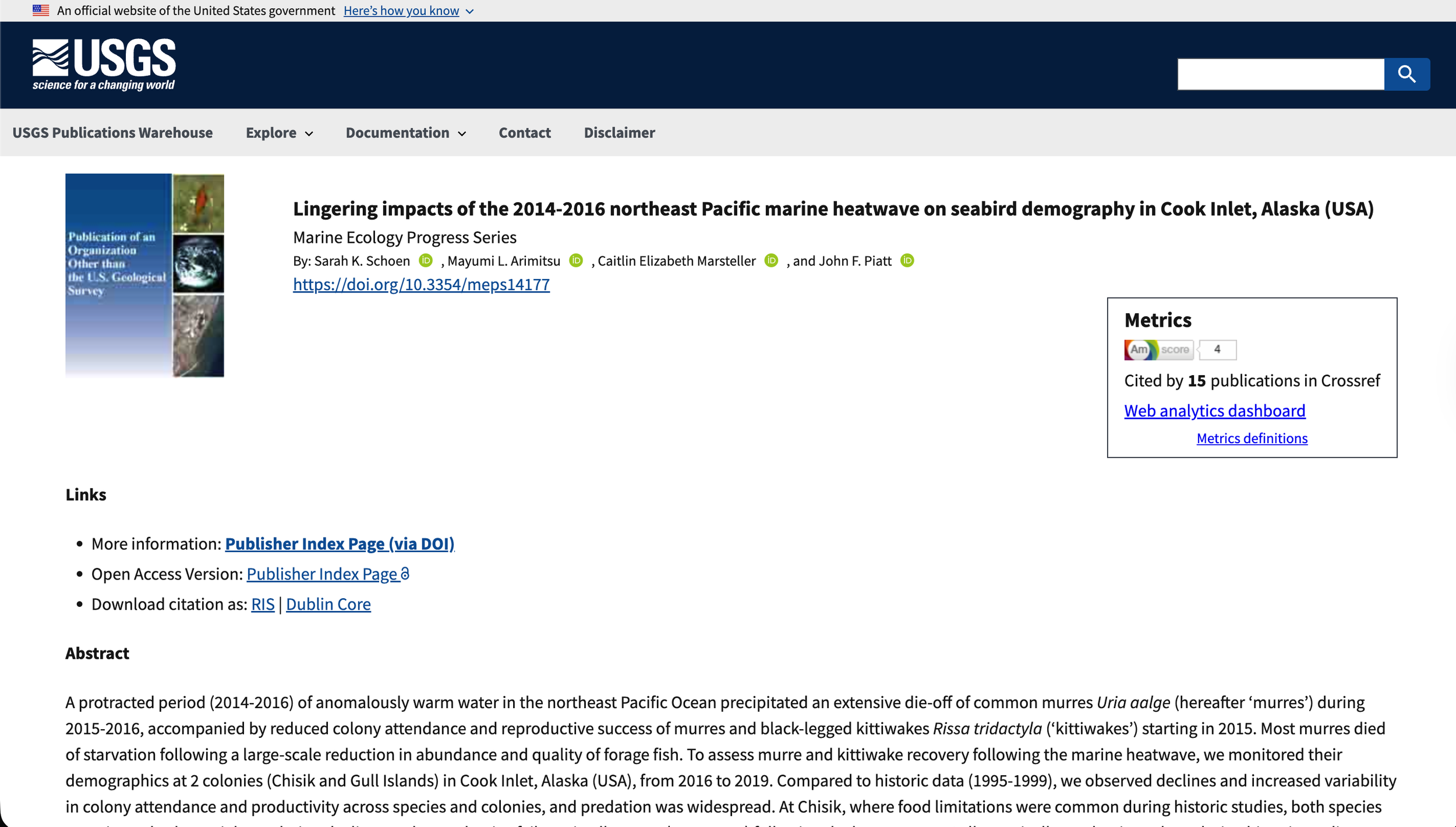 screenshot of Lingering Impacts of the 2014-2016 Pacific Marine Heatwave on seabirds in Cook Inlet, Alaska article