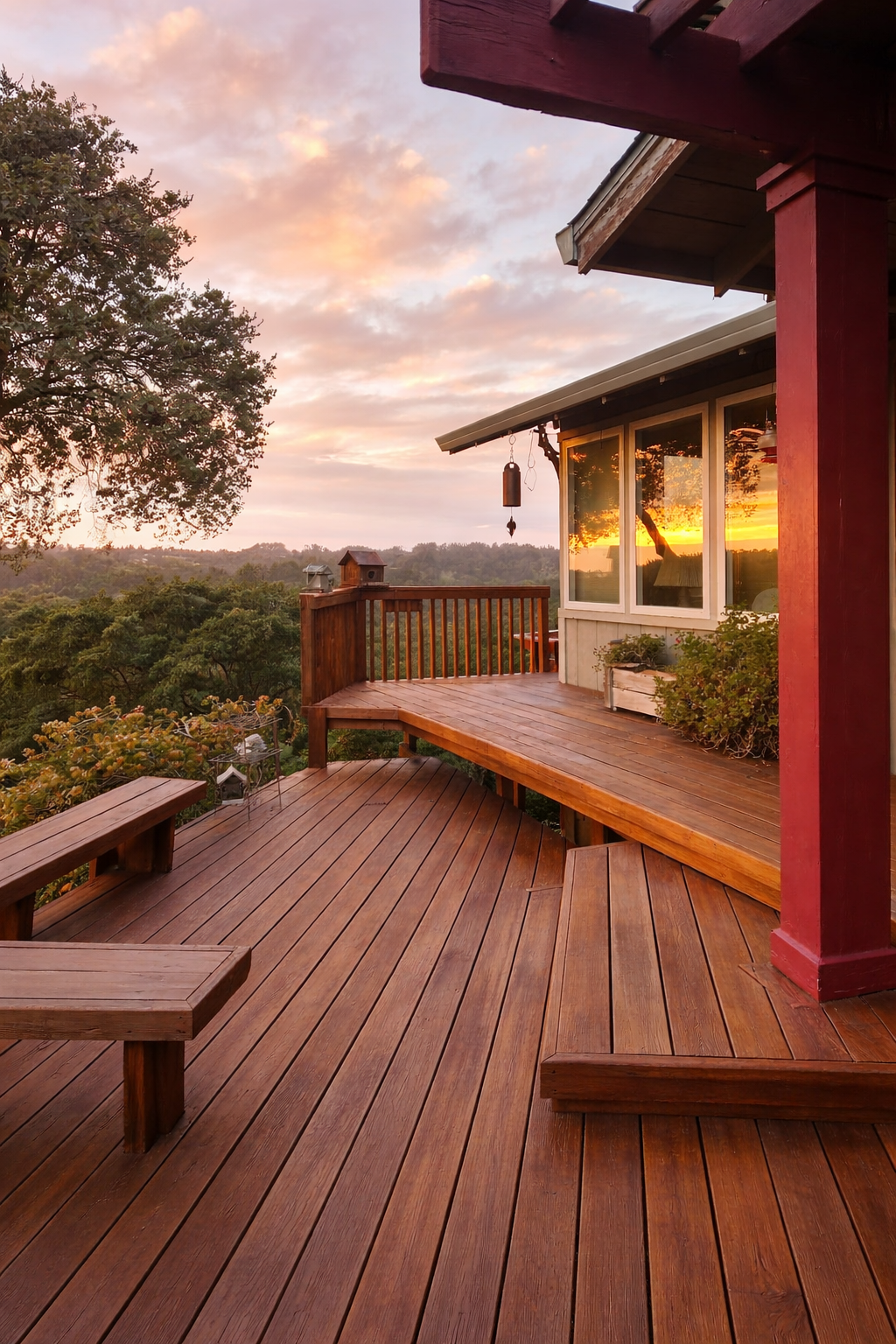 Wooden deck with benches and railing overlooking a sunset sky and trees.