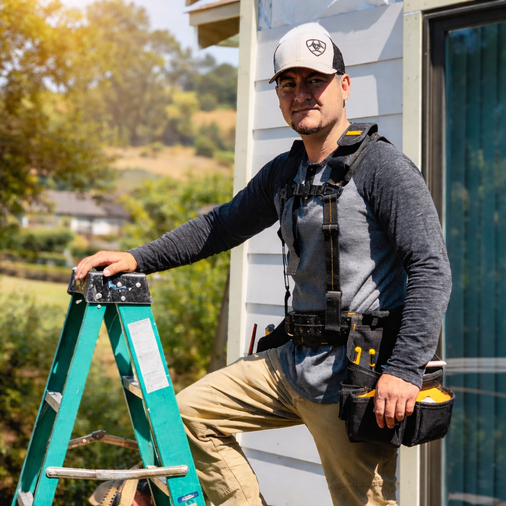 A man wearing a hat and a tool belt poses with one foot on a green ladder outside a house, with a background of trees and yellowish hills.