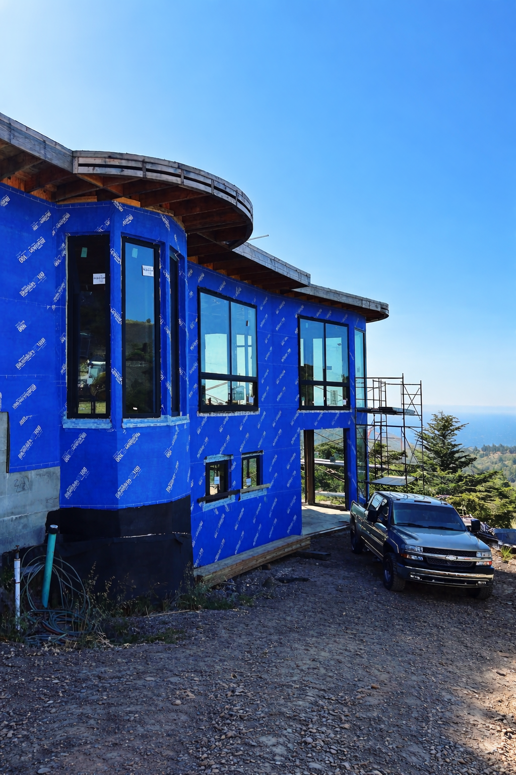 Under construction house with blue insulation, large windows, scaffolding, and a parked pickup truck on a dirt lot, with trees and hills in the background and a clear sky.