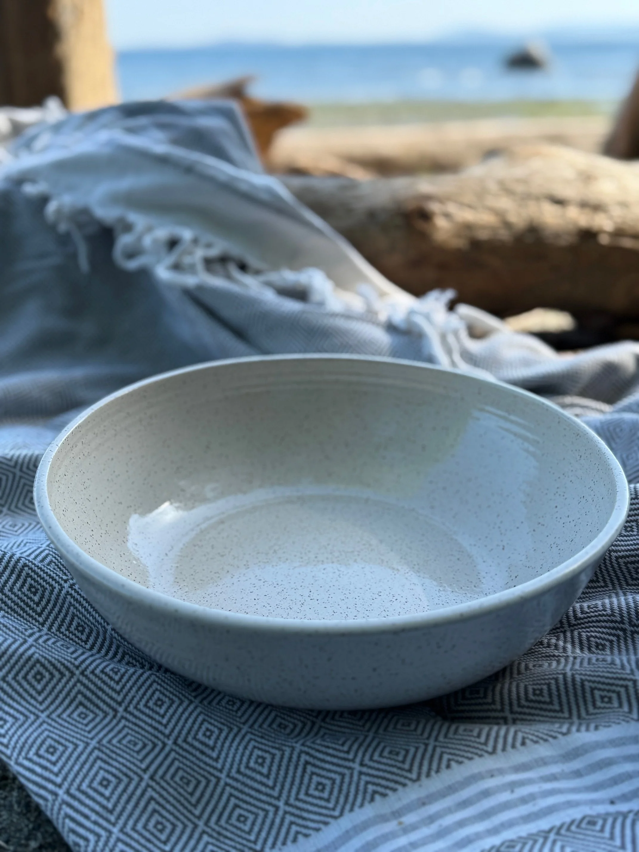 A ceramic bowl on a patterned cloth at the beach with driftwood and ocean in the background. Sonia Lesage Ceramics
