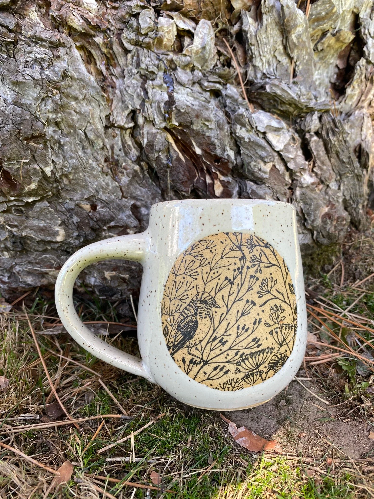 Ceramic mug with a bird illustration in black underglaze, placed outdoors against tree bark and grass. Sonia Lesage Ceramics