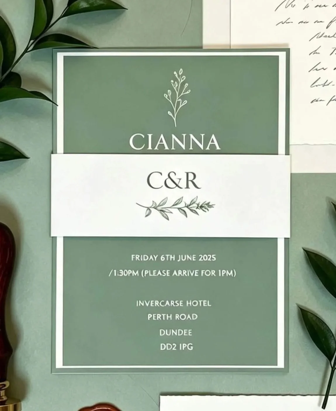 Wedding invitation with green and white color scheme, featuring a small leafy branch graphic. Details include event date, time, location, and a note to arrive by 1 pm.