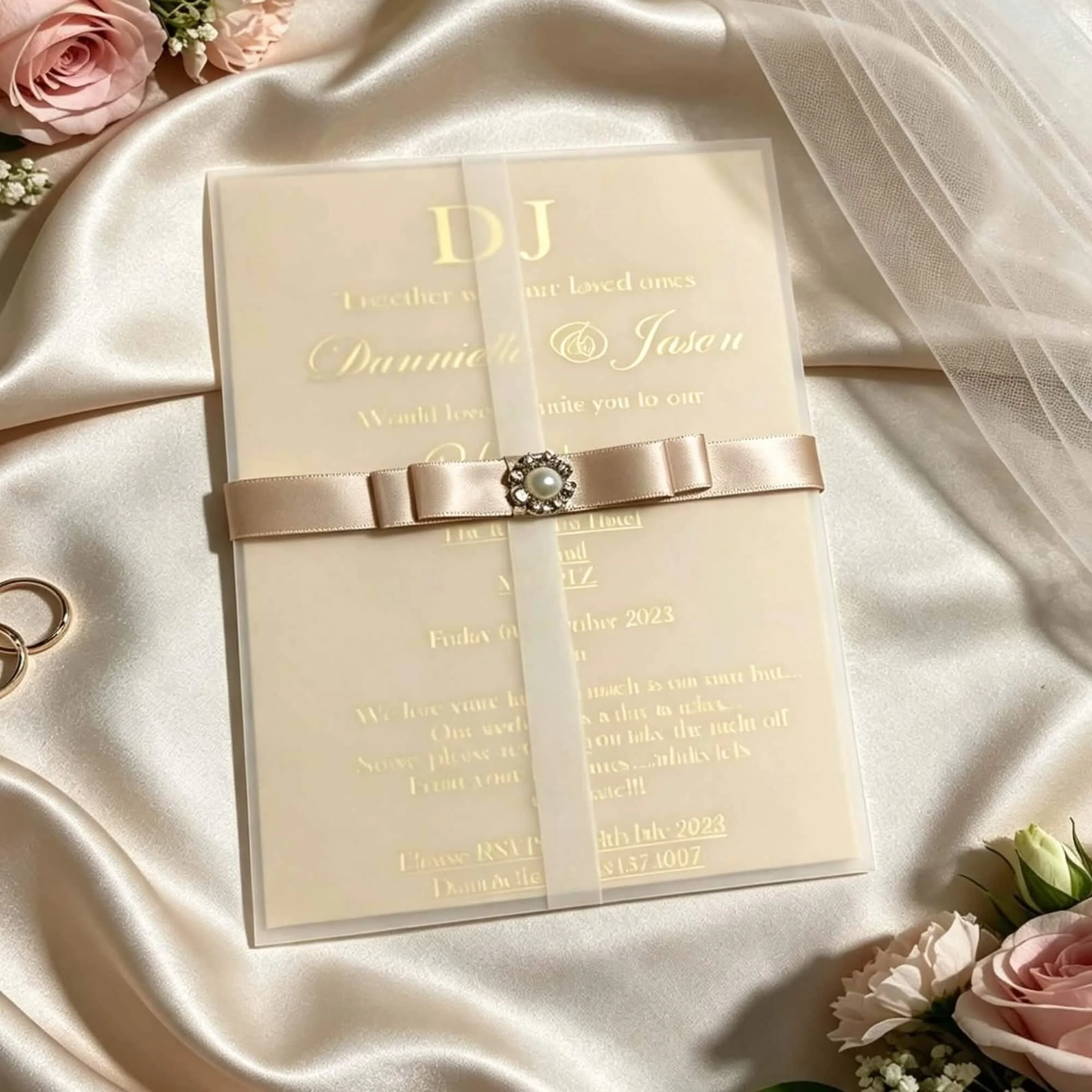 Invitation card with white and gold text on a satin fabric background, surrounded by pink and white roses and flowers.