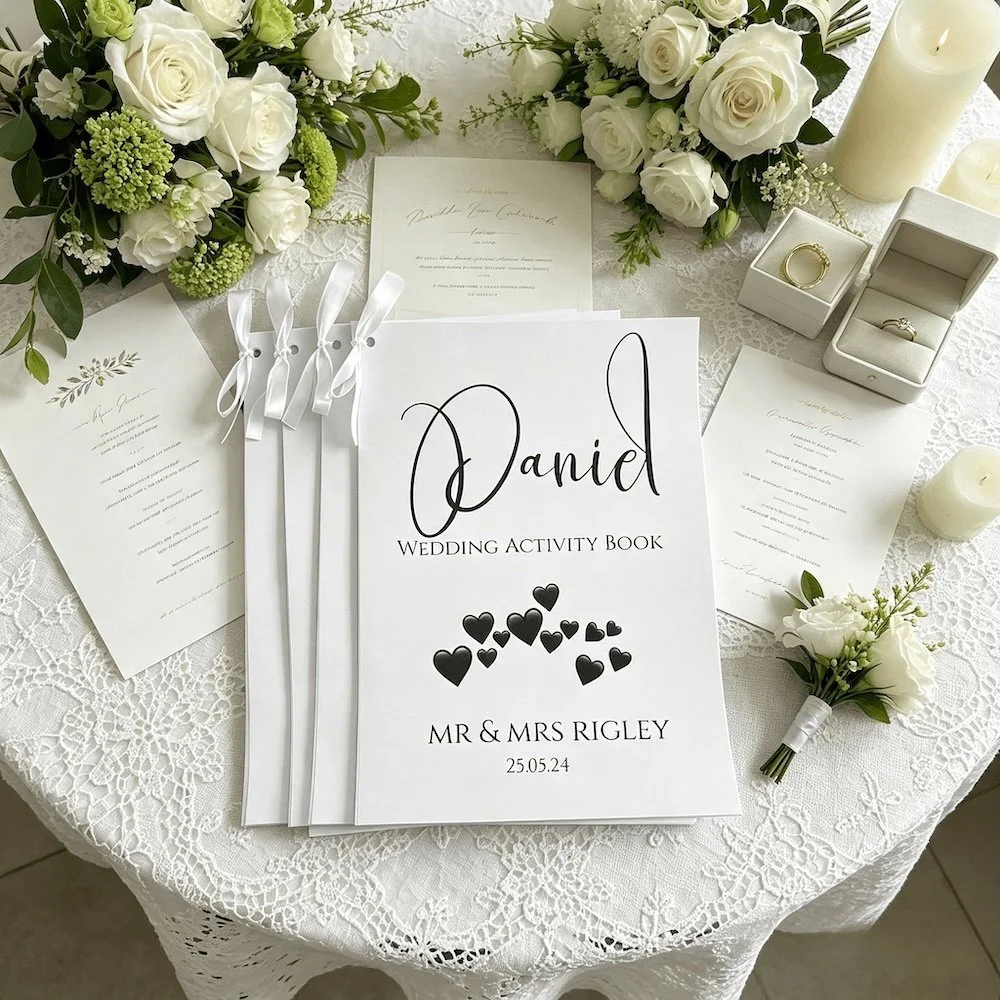 A wedding table display with a wedding activity book titled 'Daniel' for Mr. and Mrs. Rigley, surrounded by white roses, candles, and wedding rings in boxes, on a lace tablecloth.