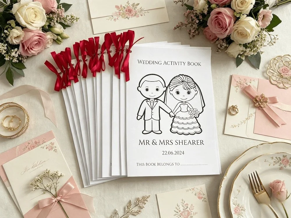 Wedding-themed table with wedding activity books, floral arrangements, wedding rings, and decorative stationery with pink and white flowers.
