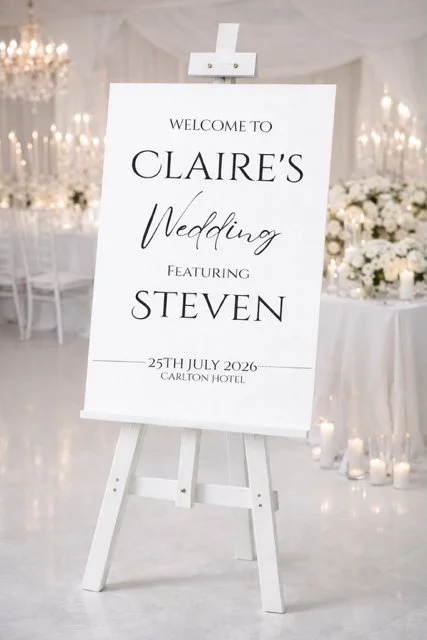 Wedding welcome sign on an easel with white floral decor and candles in the background.