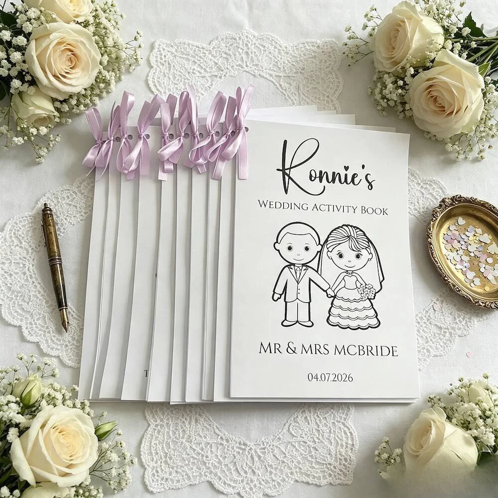 Wedding activity book titled "Konnie's Wedding Activity Book" with a cartoon illustration of a bride and groom, surrounded by white roses, lace doilies, a pen, pink ribbons, and a small golden dish with confetti.
