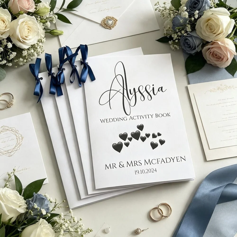 Wedding activity book titled "Alyssa" for Mr. & Mrs. McFadyen, dated 19.10.2024, surrounded by wedding flowers, rings, and stationery.