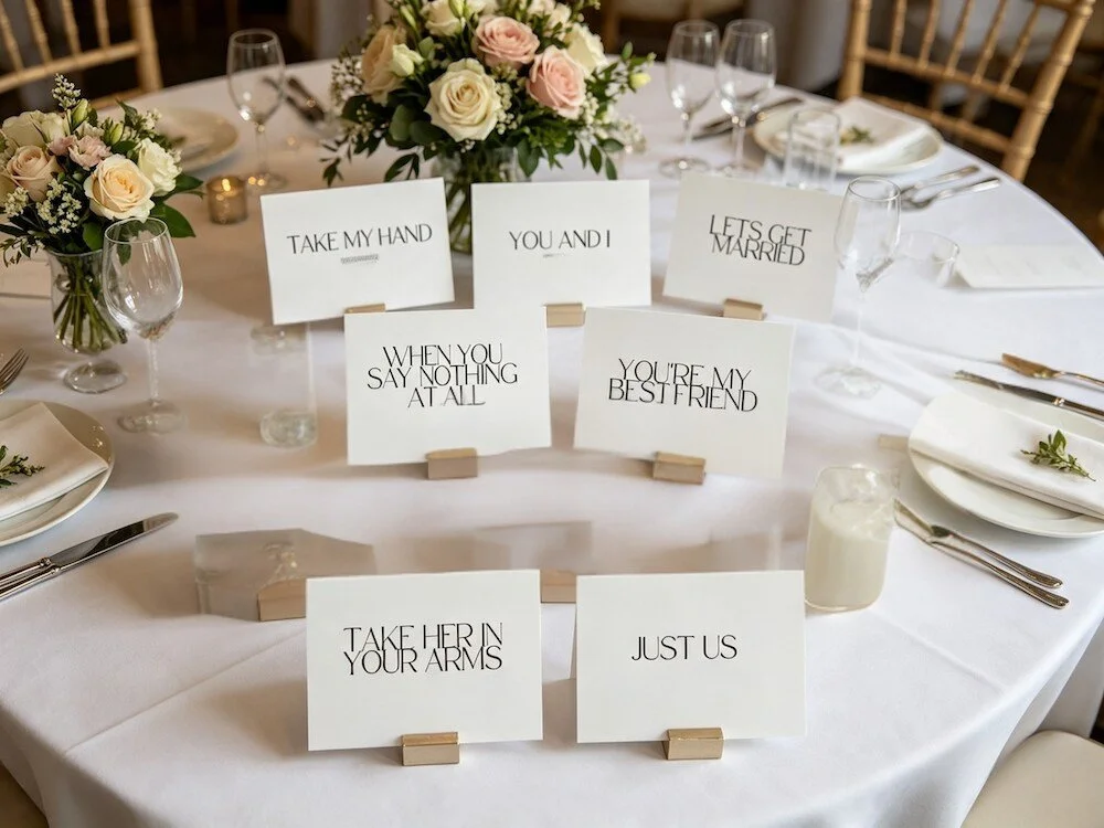Wedding table centerpiece with multiple signs displaying romantic phrases, surrounded by floral arrangements, wine glasses, and place settings.