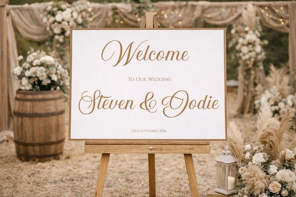 Wedding welcome sign with floral decor and fairy lights in the background.