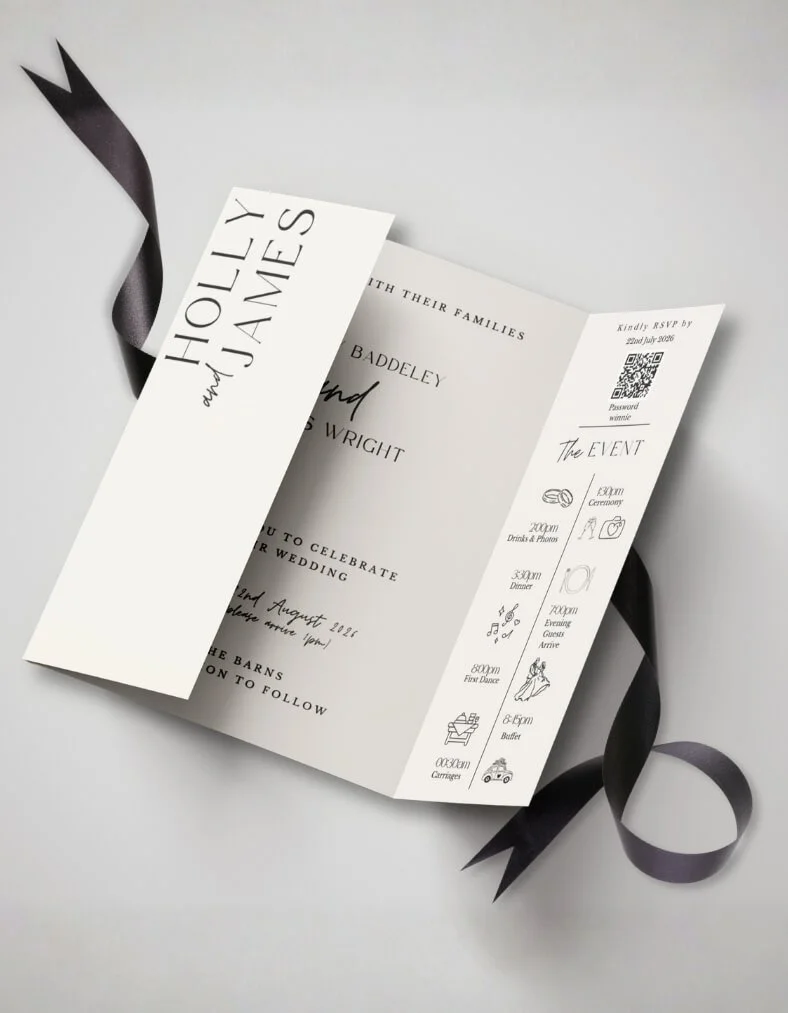 Wedding invitation card with black ribbon. The card has the names Hollie and James on the left, details of the wedding including date, time, venue, and schedule on the right, with icons for each schedule item.