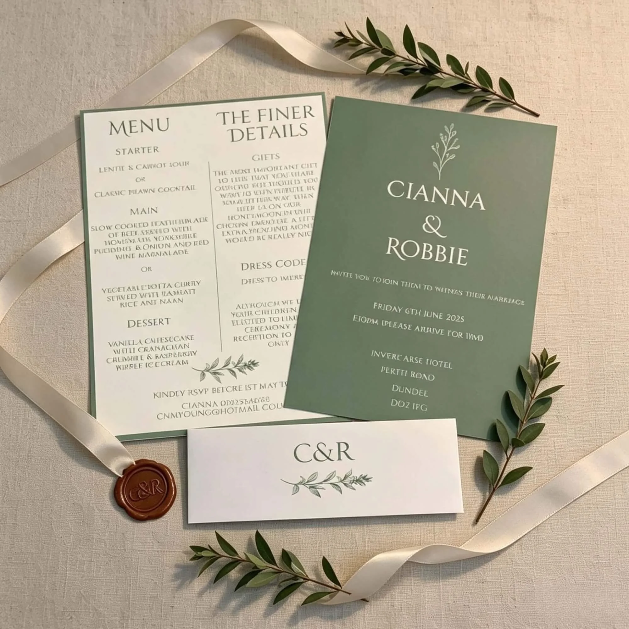 A wedding invitation suite on a white surface. The suite includes a green folded card with the names Cianna and Robbie, a menu card, a details card, and an RSVP card. A white ribbon, green foliage, and a wax seal with C&R initials are also part of the arrangement.