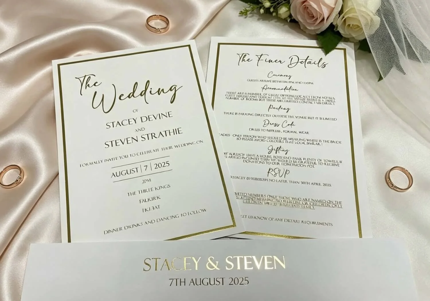 Wedding invitation for Stacey Devine and Steven Strathie on August 7, 2025, with wedding details and a floral decoration, rings, and pink and white roses nearby.