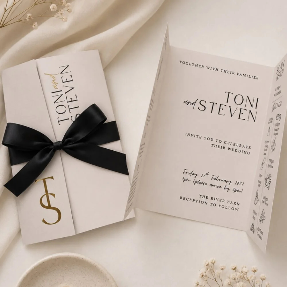 Wedding invitation card with a black ribbon, wedding details inside, and a monogram with the letters S and T, all placed on a light-colored fabric with small white flowers.