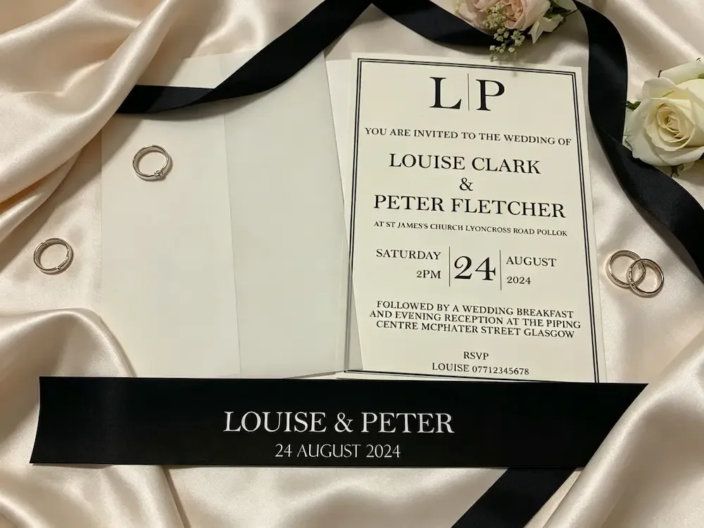 Wedding invitation card with black and white theme, floral accents, and two wedding rings on satin fabric.