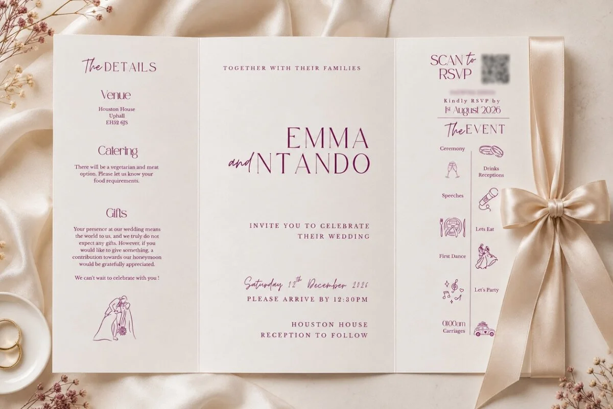 Wedding invitation card with event details, including venue, catering, gifts, RSVP, ceremony, drinks, receptions, speeches, first dance, and party. The card features floral accents, a satin ribbon tied in a bow, and minimalist illustrations.