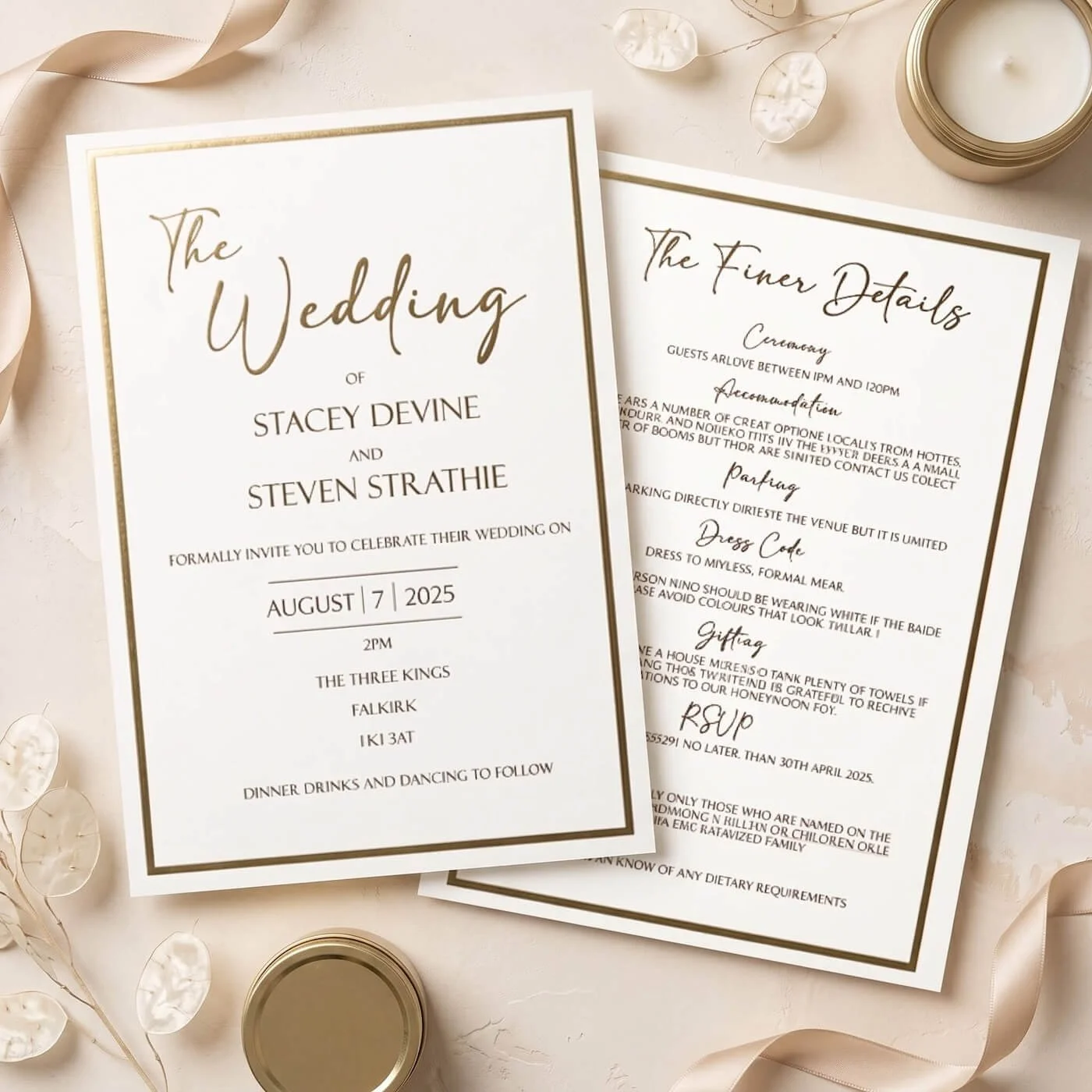 Wedding invitation cards with elegant script text, surrounded by candles, dried flowers, and ribbon on a light surface.