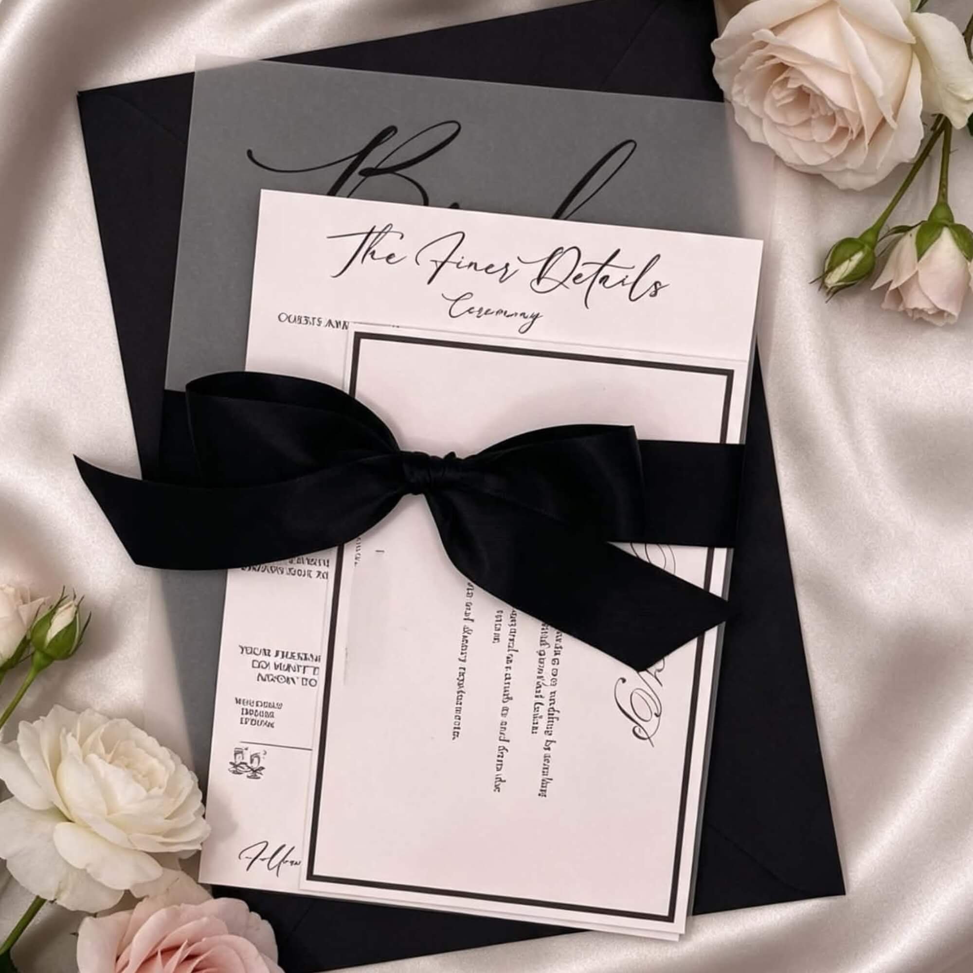 A wedding invitation with floral decorations and a black bow on a white surface. The text on the invitation reads "The Finley Details" in elegant script.