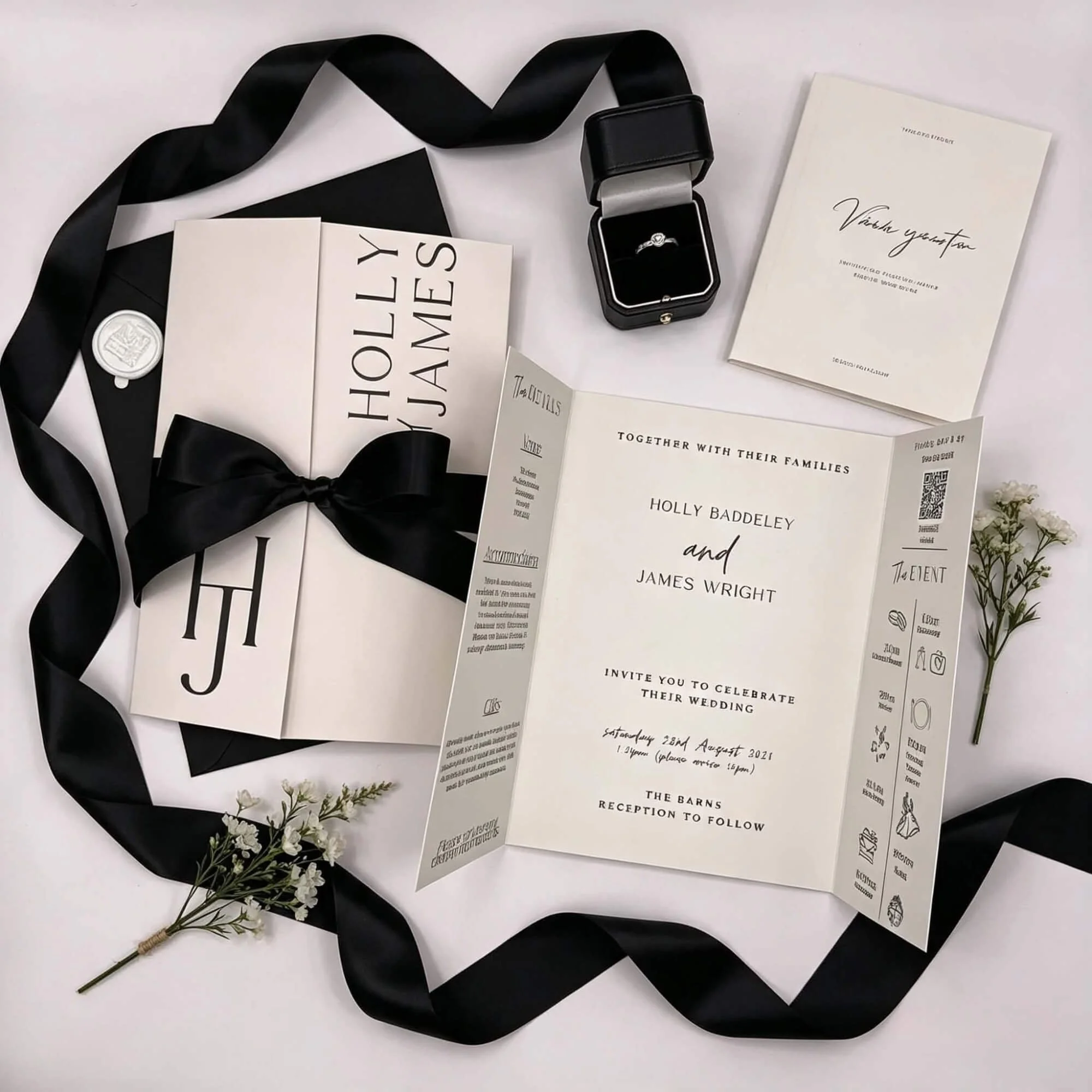Wedding invitation, wedding programme, engagement ring in a black ring box, black satin ribbon, small white flowers, and a white envelope with black text.