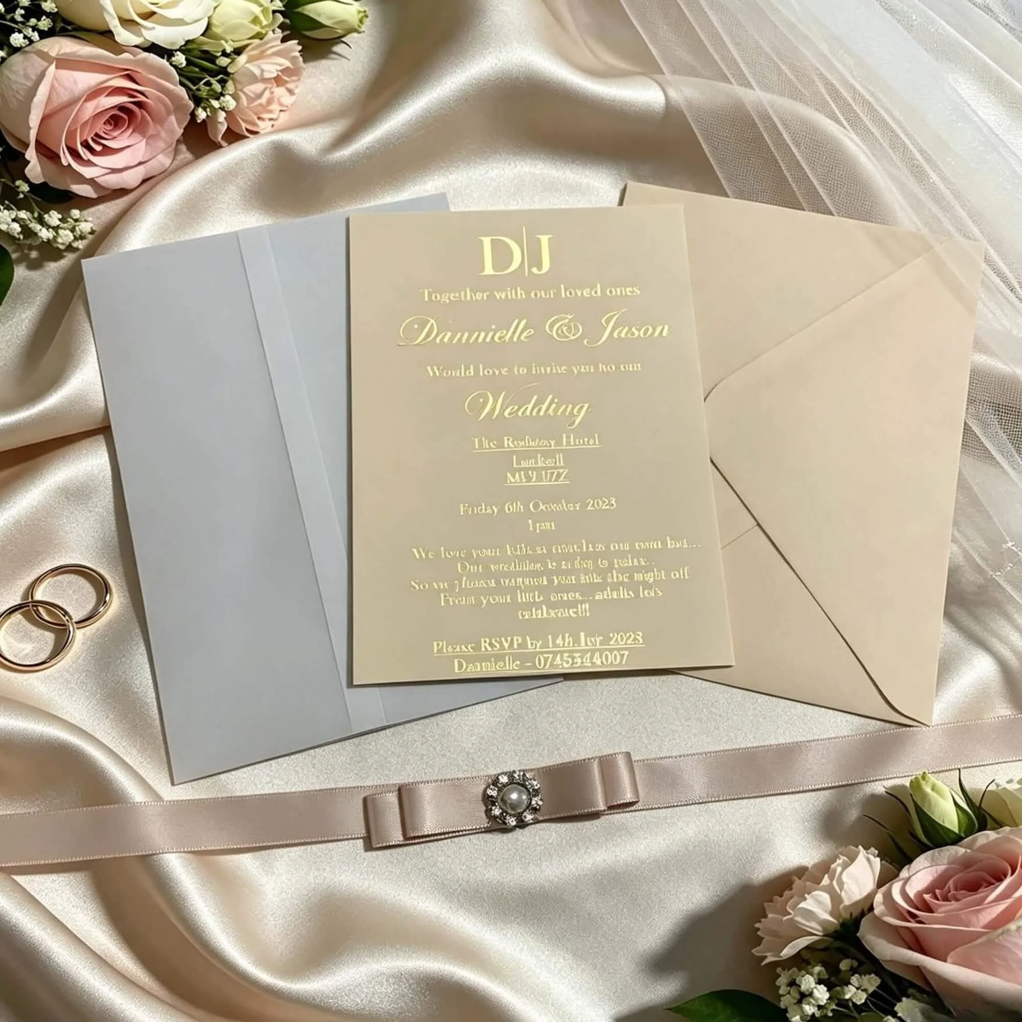 A wedding invitation card laying on silky cream-colored fabric, with a bouquet of pink roses and white carnations in the top left corner. There are gold wedding rings and a jewelry box with a pearl necklace at the bottom.