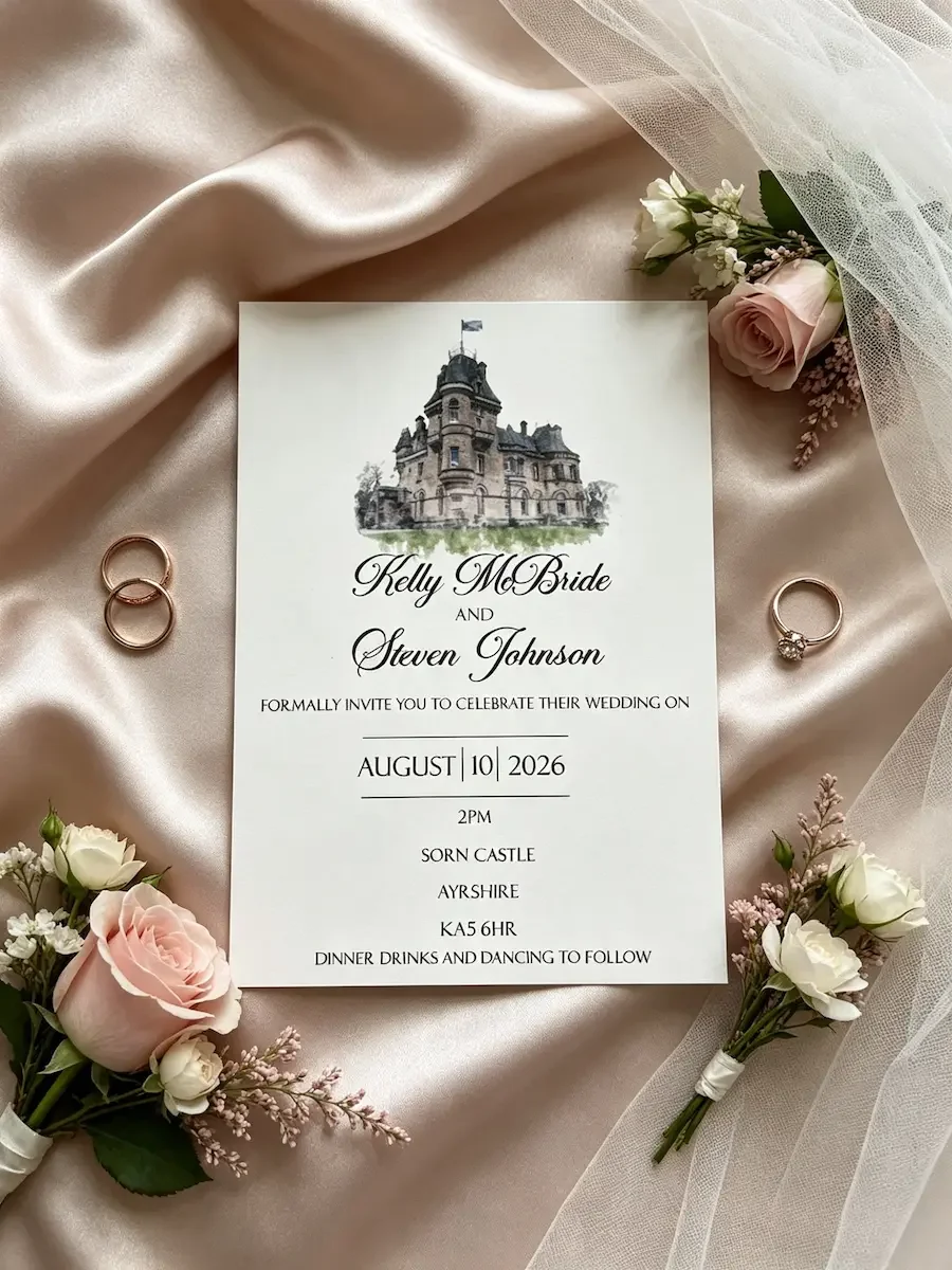 Wedding invitation card with a castle illustration, surrounded by pink and white roses, and wedding rings on satin fabric with a sheer veil in the background.