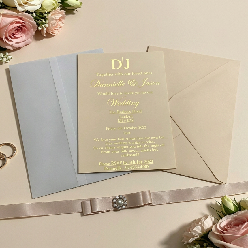 Wedding invitation card with floral decoration and ribbon on a cream surface