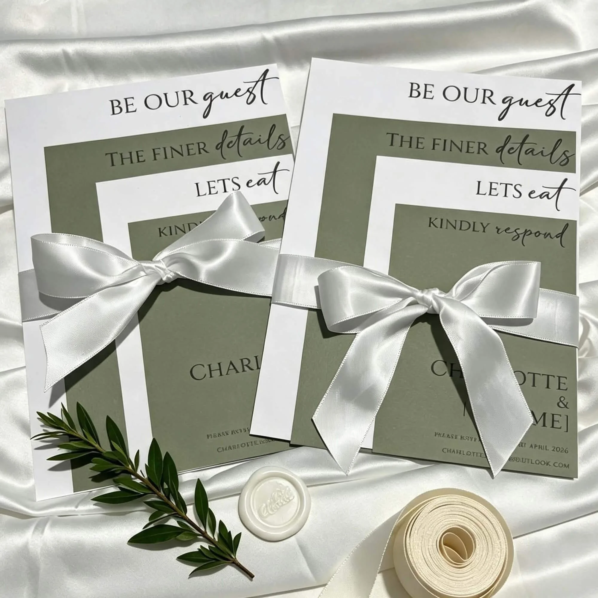 Wedding invitation cards with the message 'Be our guest, the finer details, let's eat', accompanied by white satin ribbon, green botanical sprig, and wax seals on satin cloth.