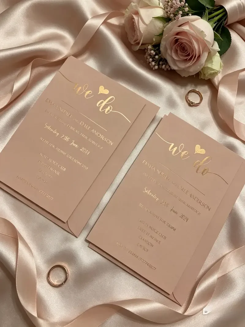 Wedding invitation cards with gold accents and rose gold ring, set on satin fabric with a bouquet of pink roses and ribbons.