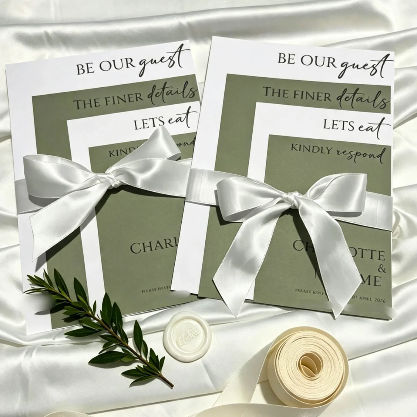 Two wedding programs with white ribbons, placed on white satin fabric. There are green leaves and rolled ribbon at the bottom.