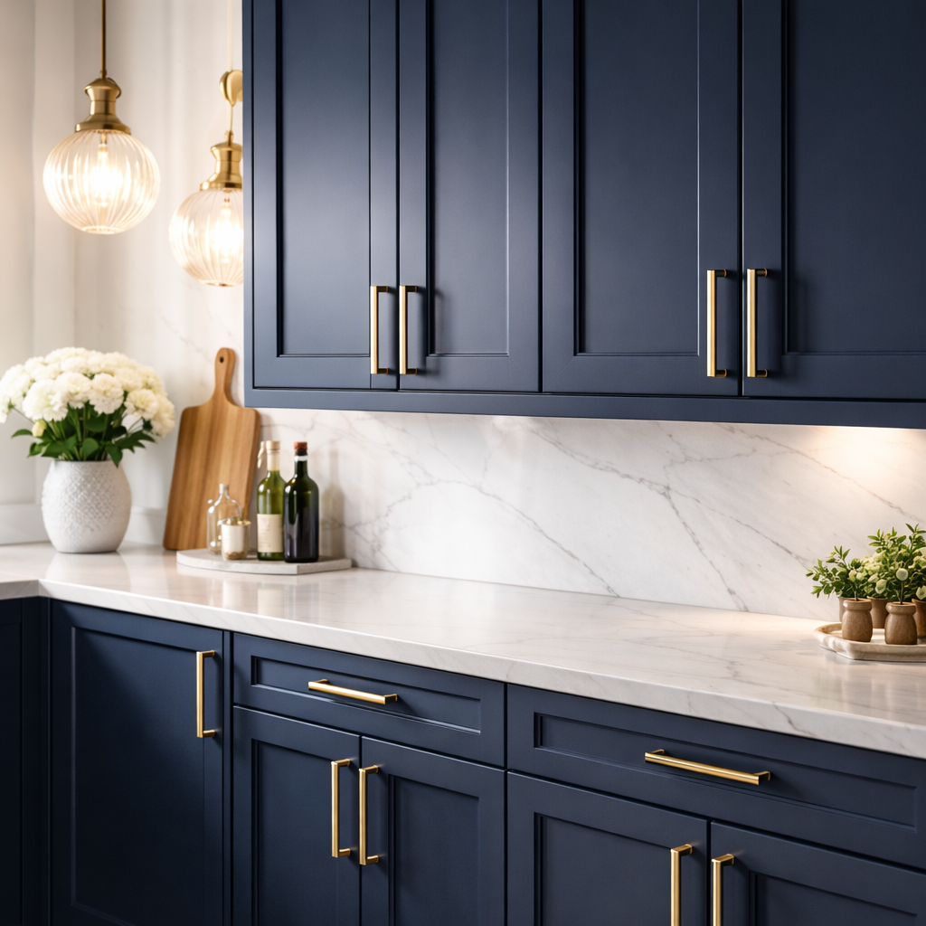 Modern kitchen with navy blue cabinets, marble countertops, gold handles, pendant lights, and decorative items including flowers, bottles, and cutting boards.