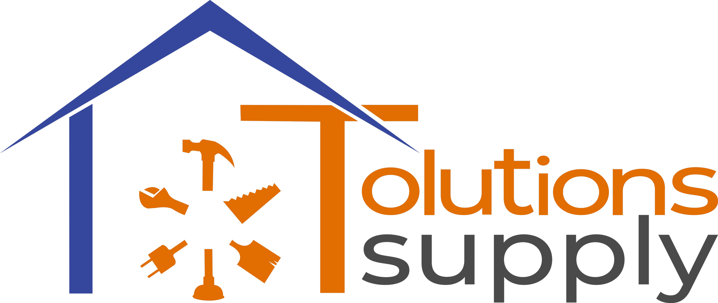 Logo for Tolutions Supply featuring a house outline with tools inside, including a hammer, paintbrush, screwdriver, and drill, with the words "T Solutions" in orange and "Supply" in gray.