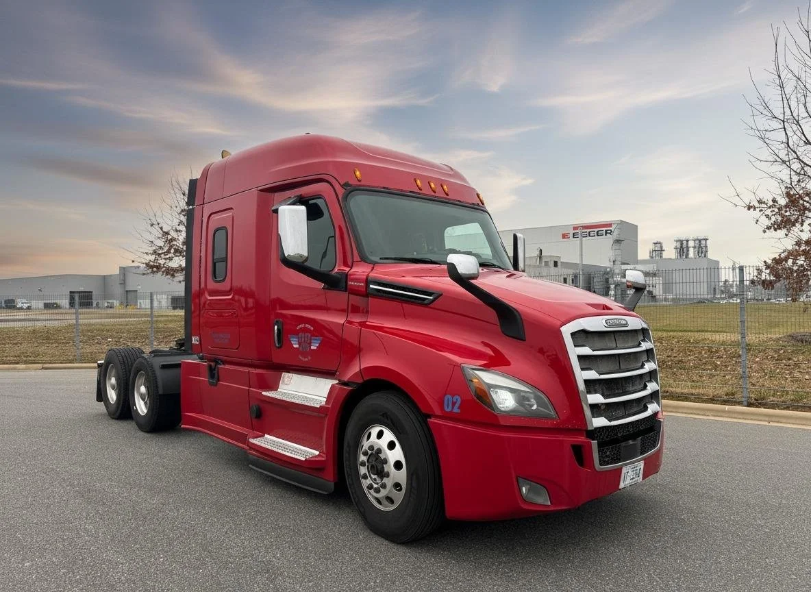 Red semi-truck parked on a paved road with industrial buildings and a fence in the background under a partly cloudy sky.