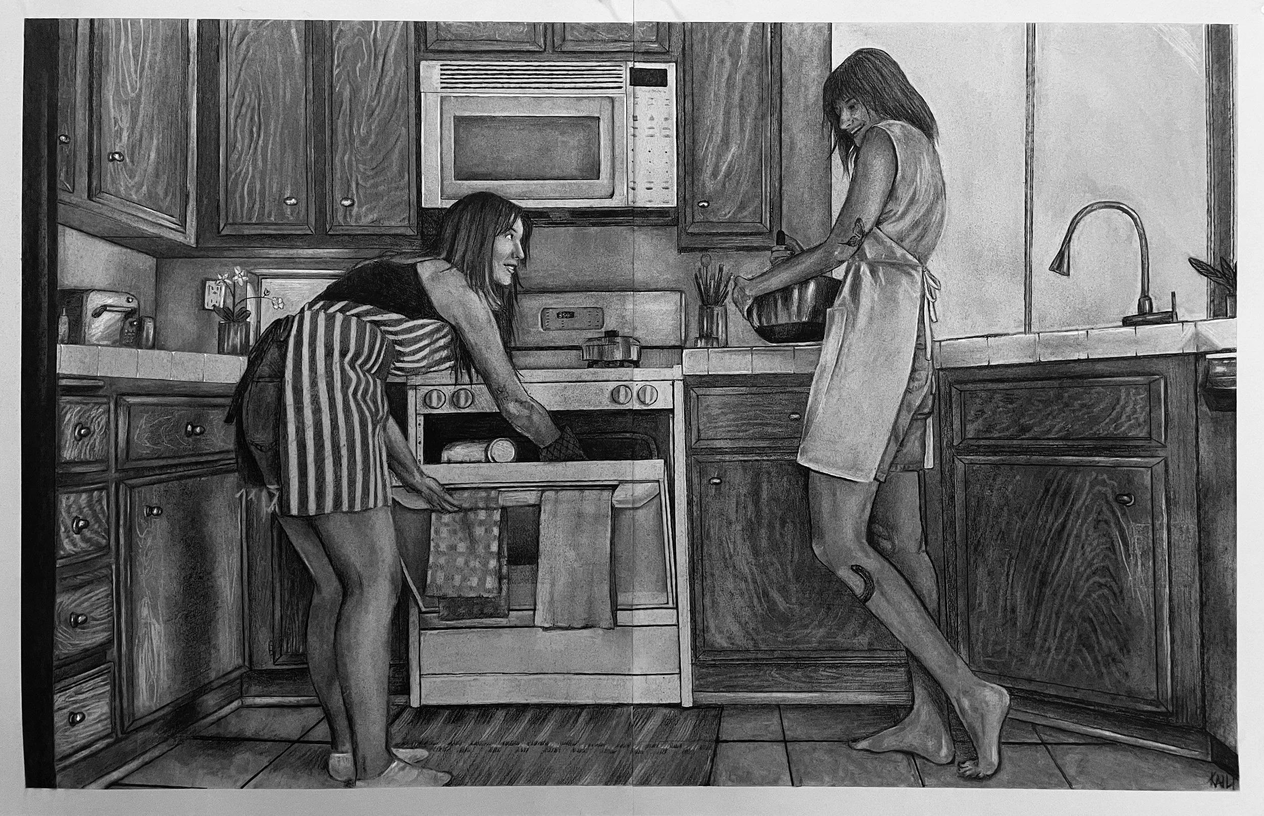 "In the Kitchen"
25"x38" Charcoal on Paper, 2021