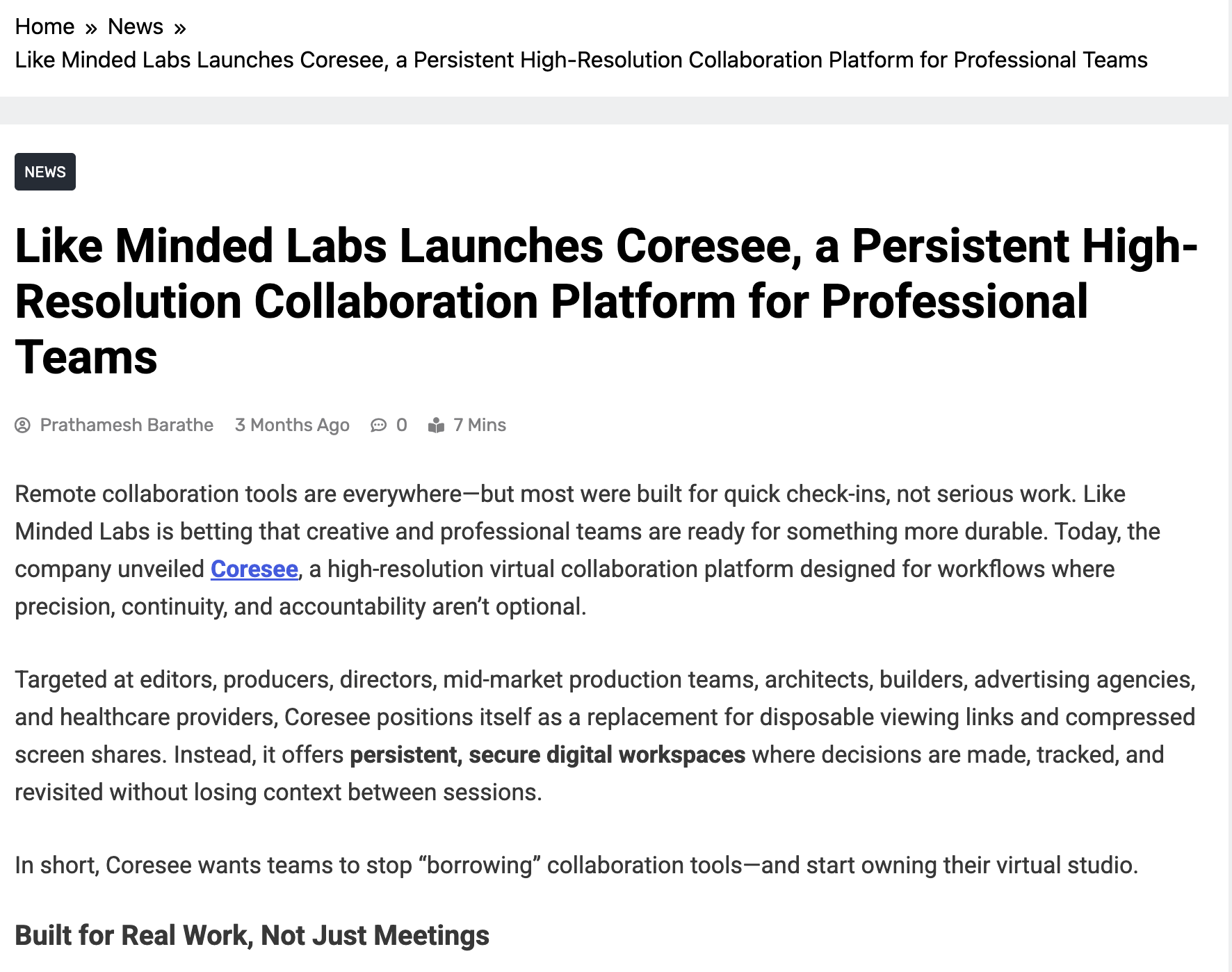 AD TECH EDGE · Like Minded Labs Launches Coresee, a Persistent High-Resolution Collaboration Platform for Professional Teams