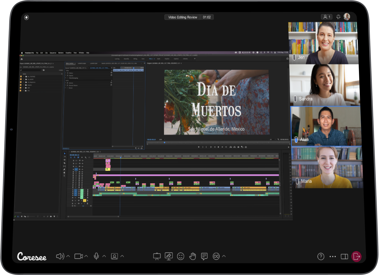 Coresee room with 4 participants viewing the timeline of an Adobe Premiere Pro project.