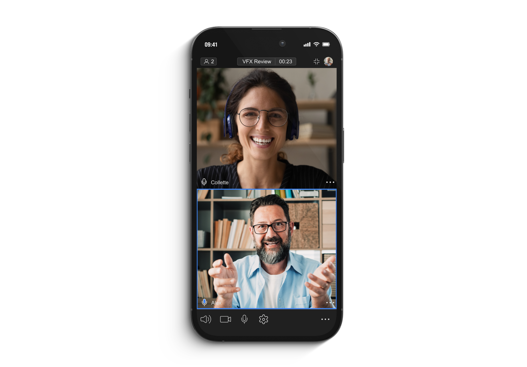 A smartphone screen showing a video conference call with two people. The woman in the top window has brown hair, glasses, and is smiling. She is wearing headphones. The man in the bottom window has dark hair and a beard, glasses, and is gesturing with his hands. The time displayed is 09:41, and the call duration is 23 seconds.