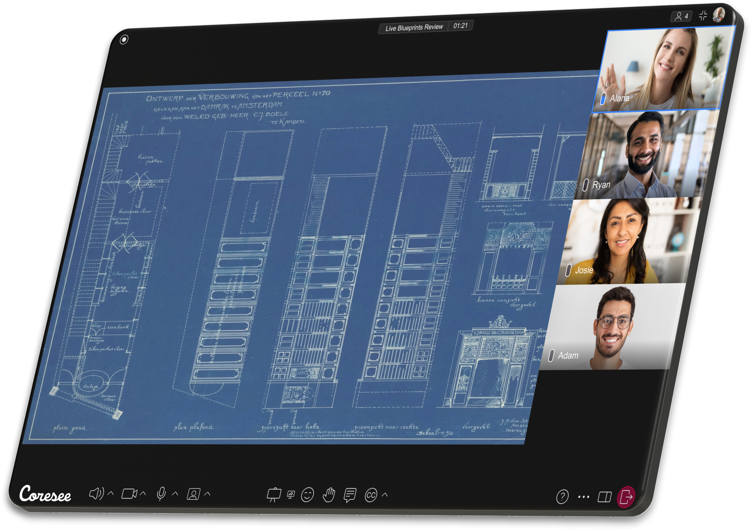 A tablet screen showing a virtual meeting with four participants, including three people smiling and one woman waving, and sharing a detailed architectural blueprint.