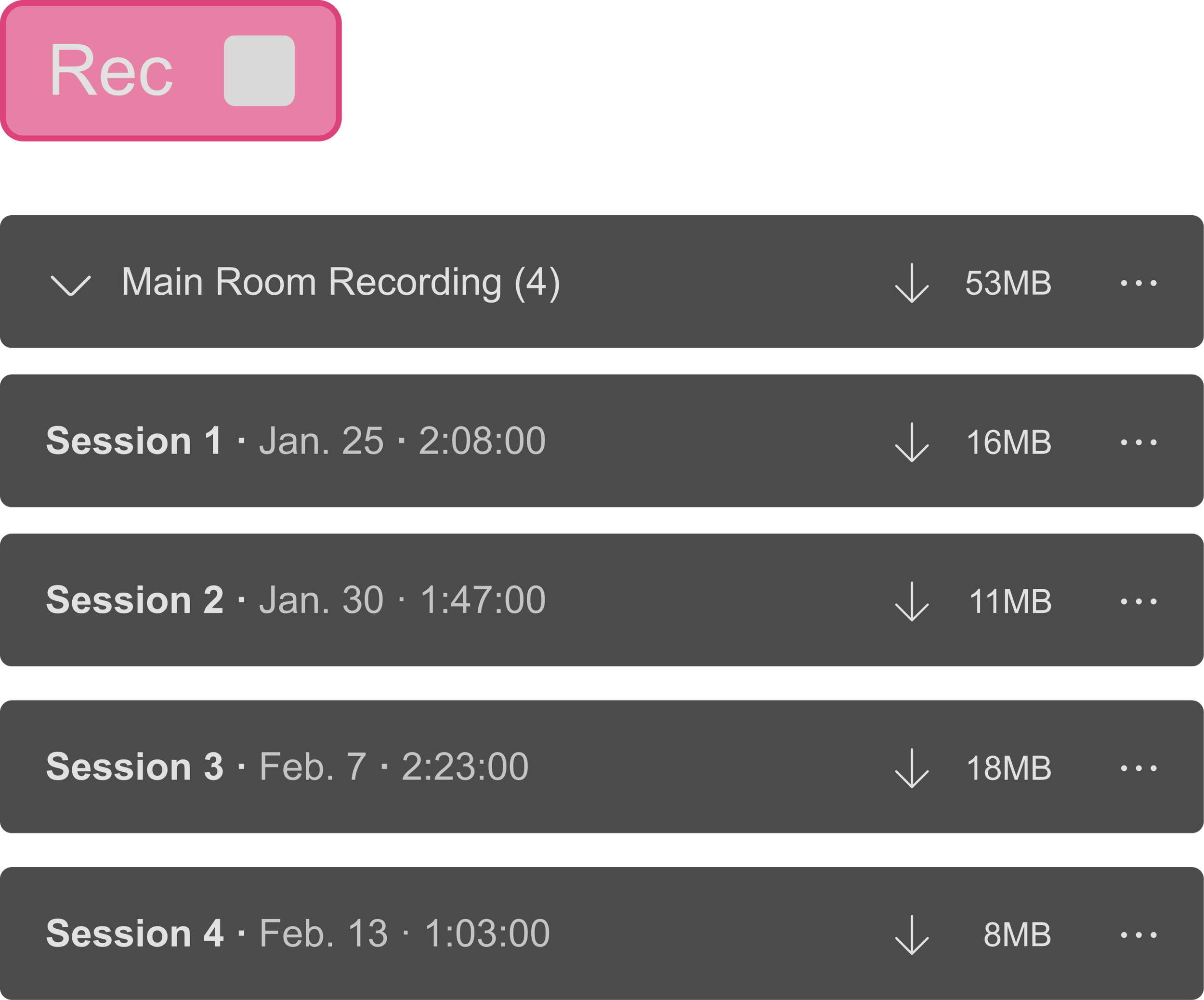 Screenshot of a video recording app showing four recorded sessions with dates, durations, and file sizes.