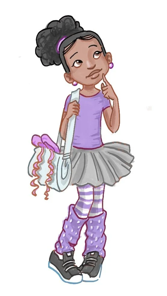 Young girl with dark curly hair in a bun, wearing a purple shirt, gray tutu, purple striped leggings, and purple polka-dot leg warmers, holding a tote bag with curly hair inside, and appears to be thinking.