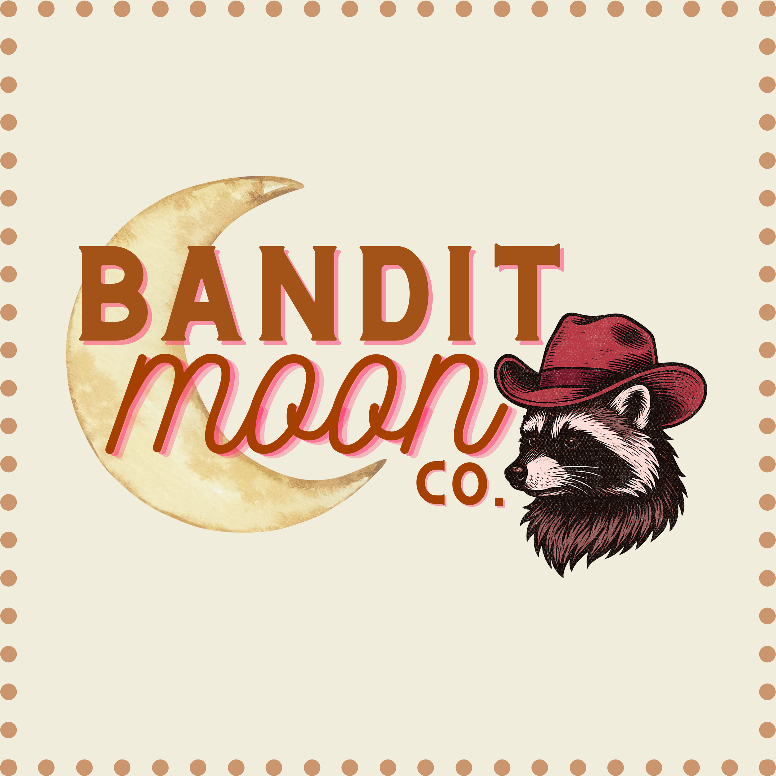 Logo for Bandit Moon Co. featuring a crescent moon, stylized text, and a raccoon wearing a cowboy hat.