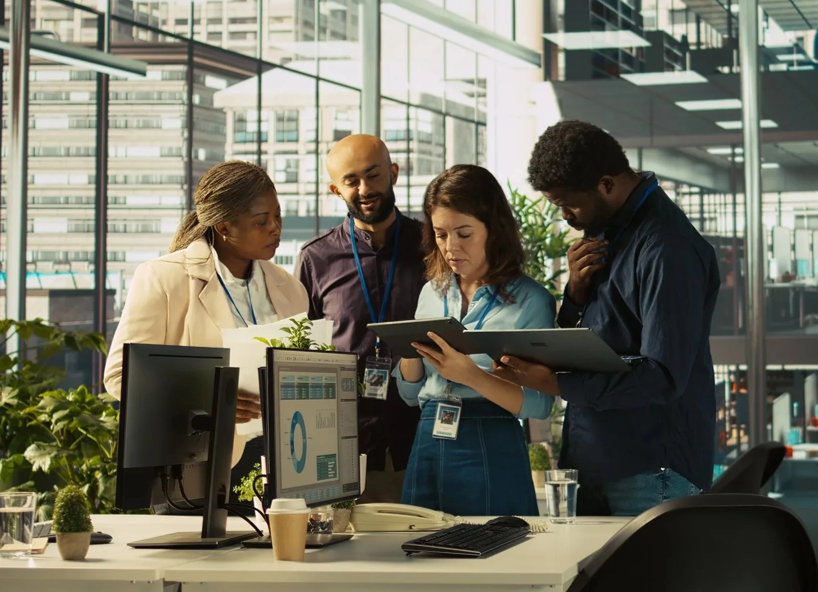 Group of professionals collaborating in a modern, glass-walled office with computers, charts, and plants.