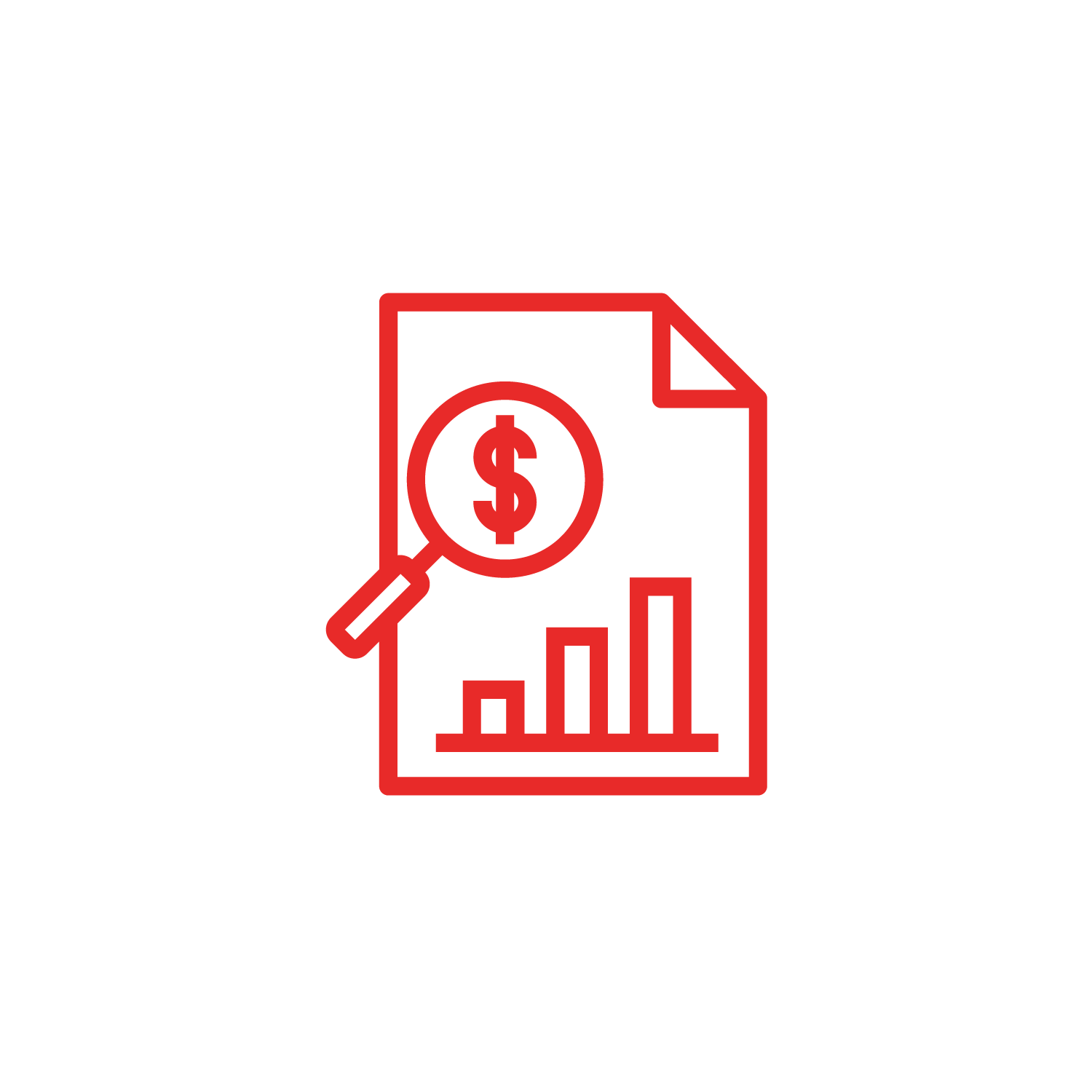 A red icon of a document with a bar graph and a magnifying glass with a dollar sign inside.