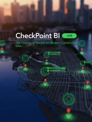 Map of a city with digital indicators showing an operating system for modern construction sites, titled 'CheckPoint BI' with a live status