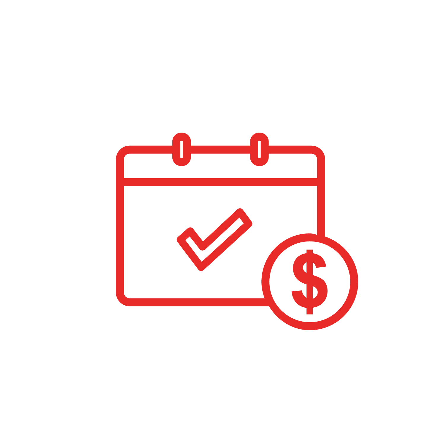 Red outline icon of a calendar with a check mark and a dollar sign, indicating financial scheduling or payment
